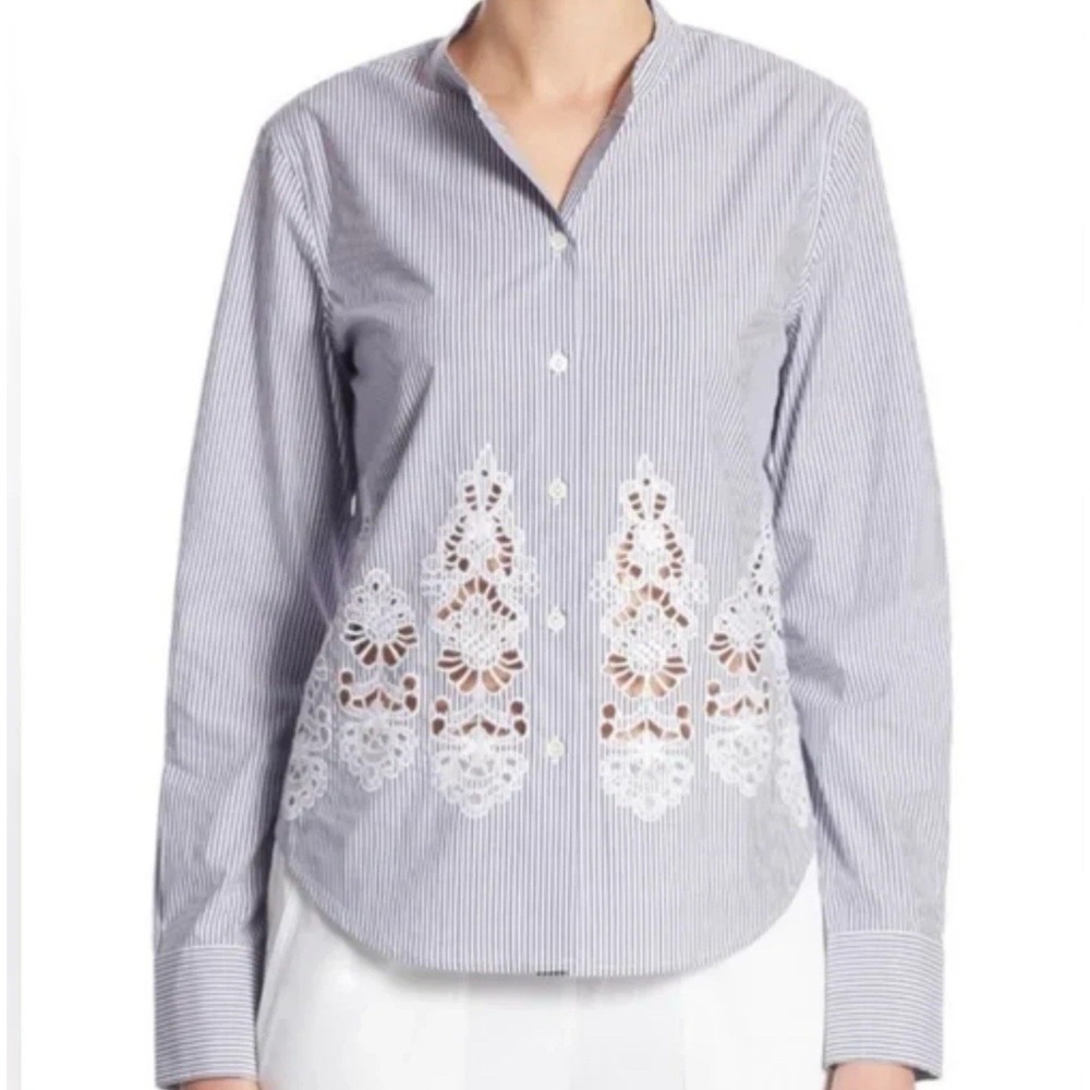 Theory Women's Shirt M Weylend Eb Ashland Stripe‎ Embroidered White GRAY Cotton